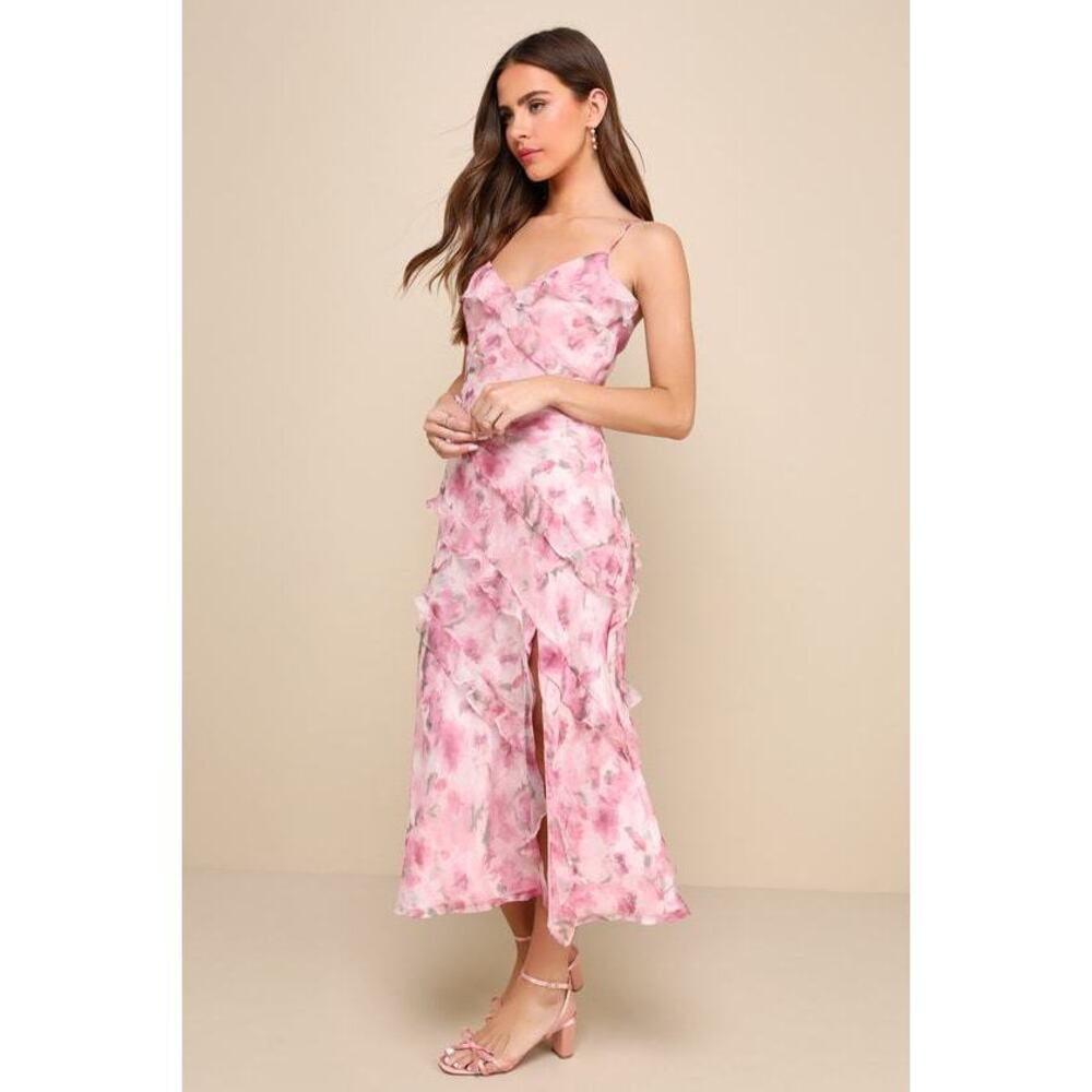 Lulus Dreamy Personality Pink Floral Ruffled Sleeveless Midi Dress - Size XL